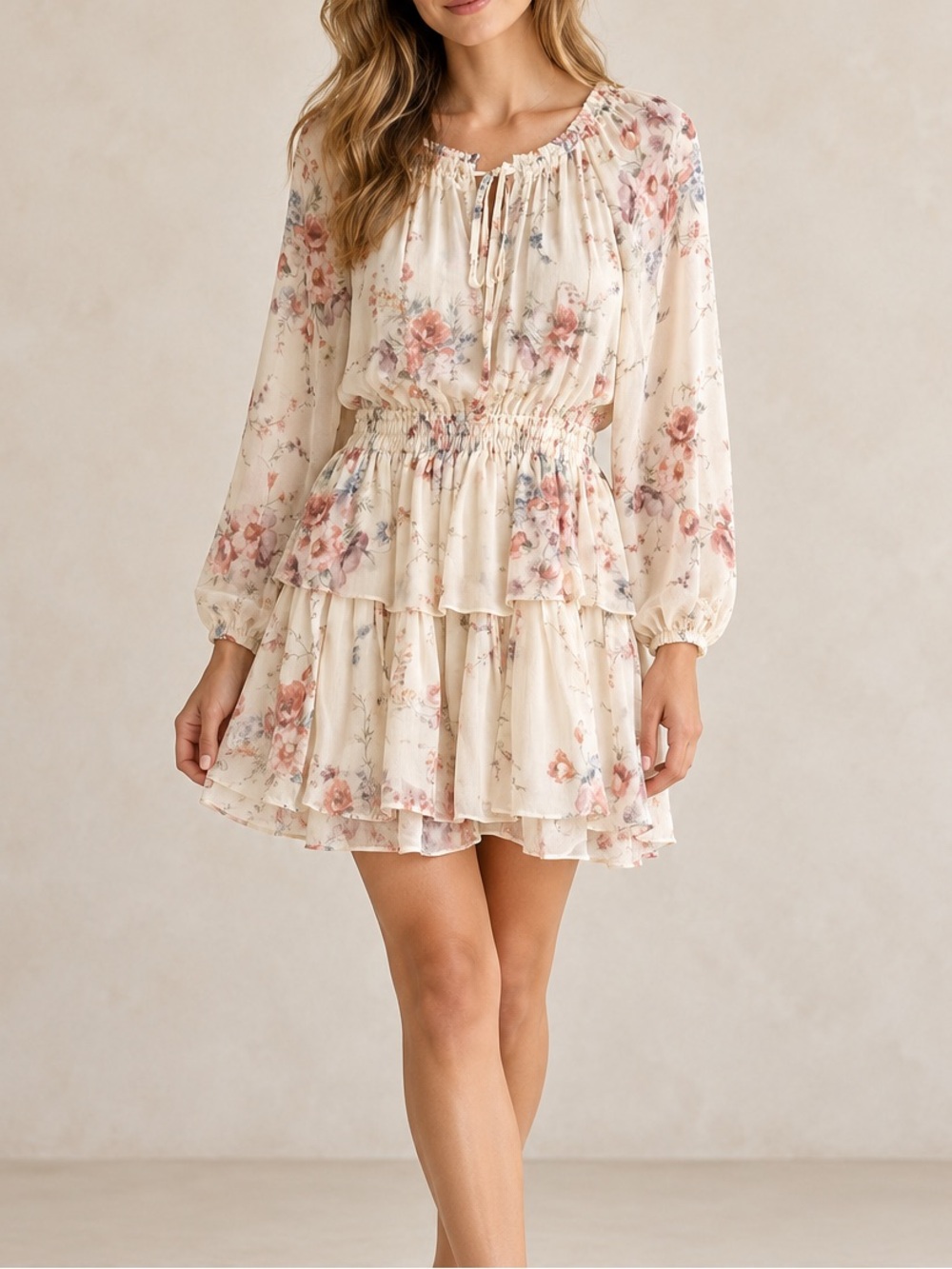 LoveShackFancy Popover Silk Floral Dress Ivory Pink